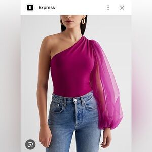 Express One-Shoulder Magenta Bodysuit with Sheer Sleeve